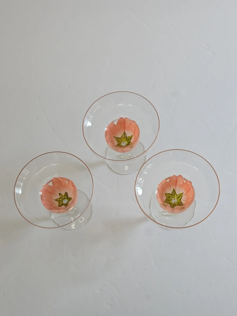 Vintage MCM Tiki Set Of 3 Handpainted Pink Tulip Margarita Stemware Glasses